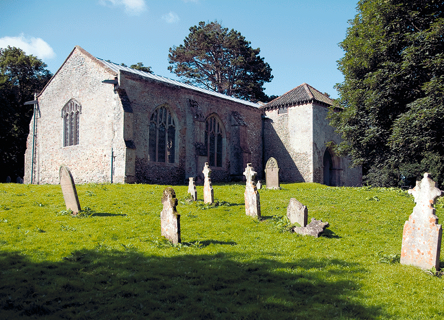 Village Church Exterior with graves shown in front of church